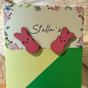 Peeps Easter Bunny rabbit pierced earrings pink wood studs new